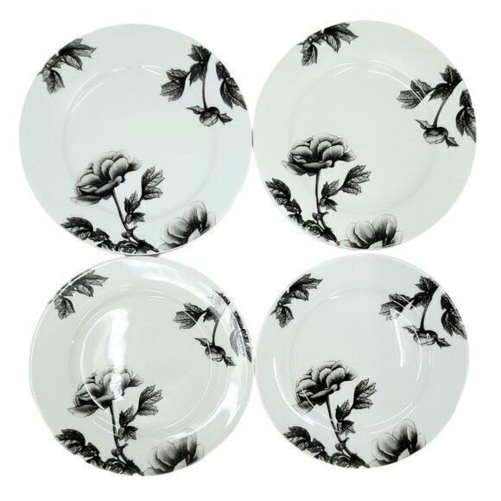 Spode BLACK PEONY 7.5" Salad Plate Set 4Pc  Floral Flower‎ Fairycore Goth 2-3